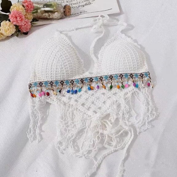 YCNYCHCHY Boho Beach Knitted Crop Tops Summer Hollow Tassel Sexy Bikini Crochet Tank Top Women Built In Bra New Backless Lace Halter Camis