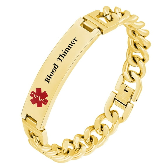 Vagzen Stainless steel Medical Alert ID Bracelet for Men, Engraved Blood Thinner, Gold, 8.46 In