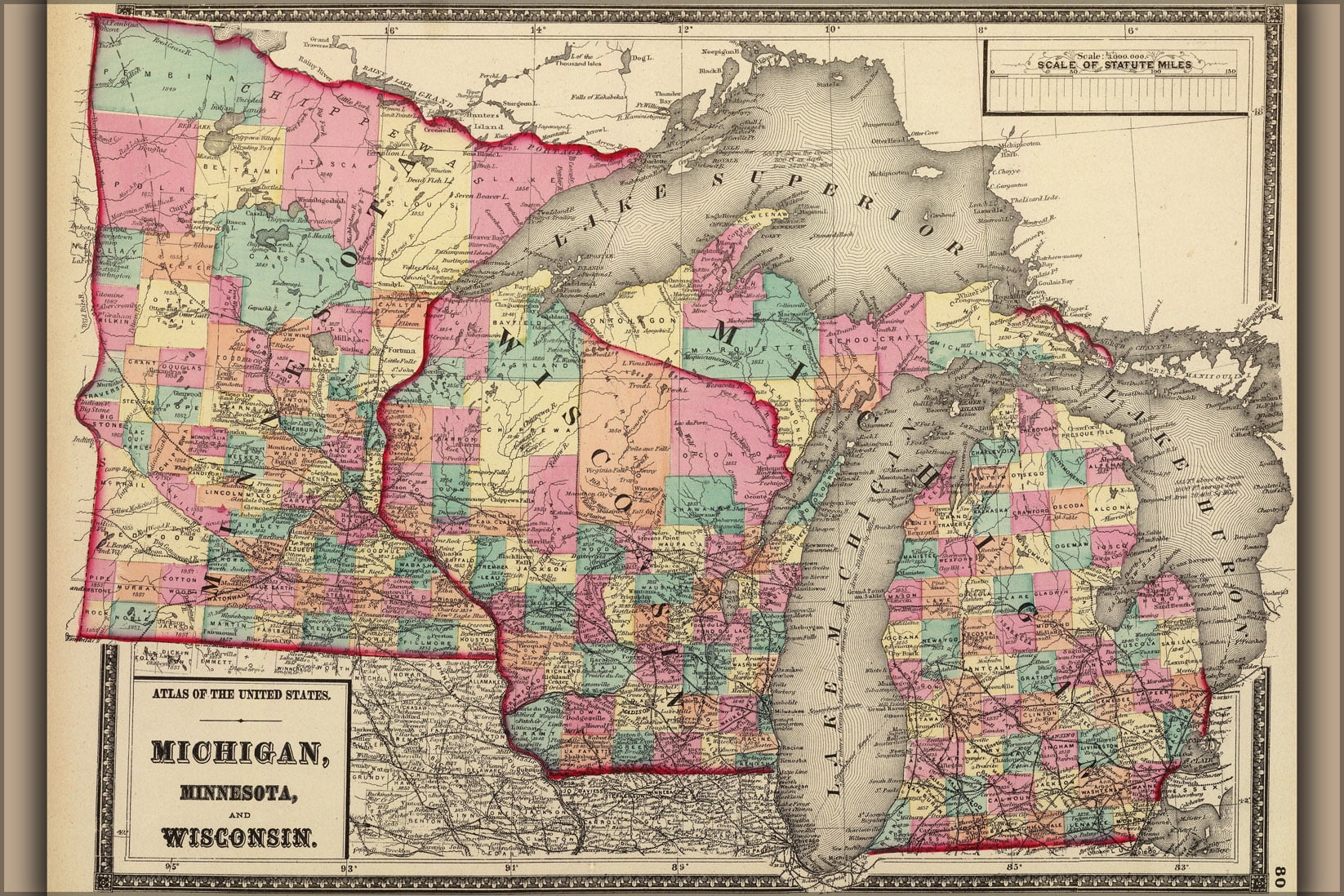 24"x36" Gallery Poster, 1872 map of the states of Minnesota, Wisconsin, and Michigan - Walmart.com