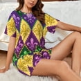 thumbnail image 4 of Gukieu Mardi Gras4 Print Women's Short-sleeved Pajama Set, Round Neck Button Top Elastic Shorts 2-piece Set, Summer Home Leisure Clothing-Large, 4 of 6