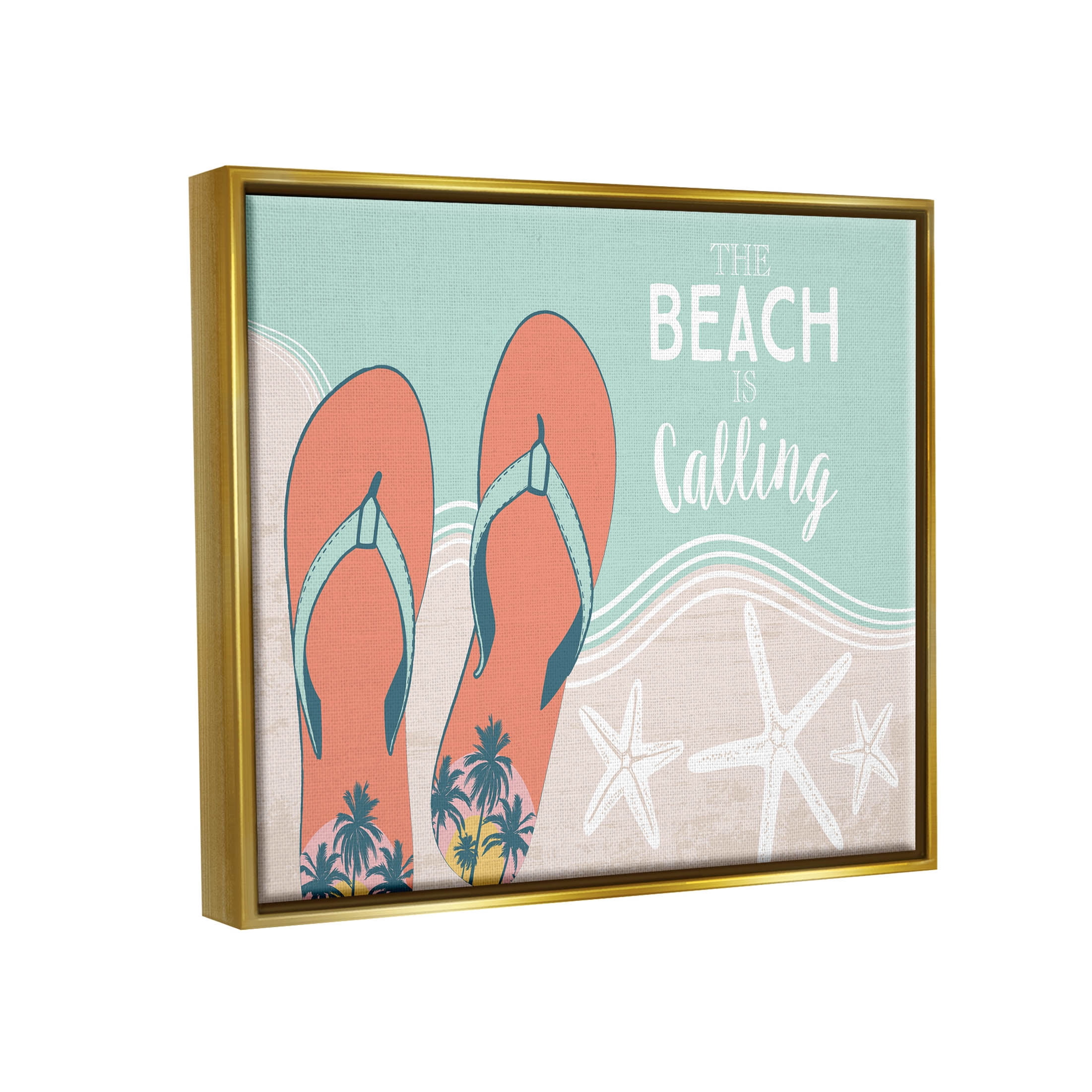 Stupell Industries Beach Is Calling Flip Flops Shore Graphic Art Metallic Gold Floating Framed Canvas Print Wall Art, Design by Arrolynn Weiderhold