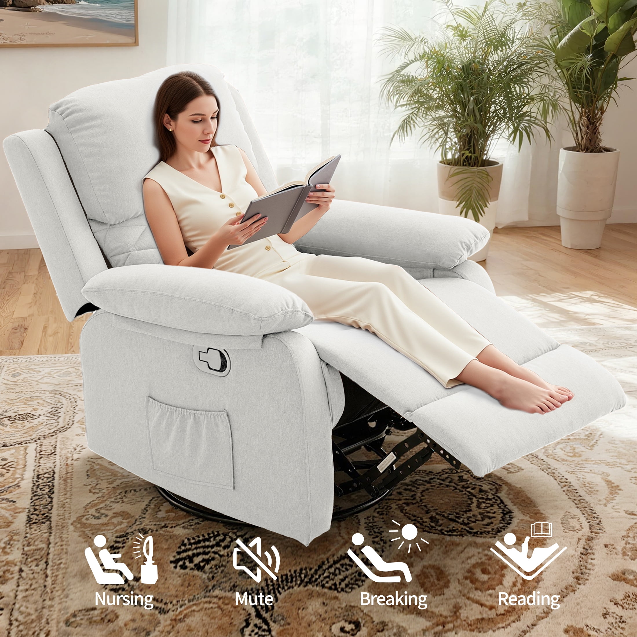 YOUDENOVA 360° Swivel Rocker Recliner Chair for Small Spaces for Living Room,Upholstered Linen Fabric Glider Nursery Chair with Side Pockets,White