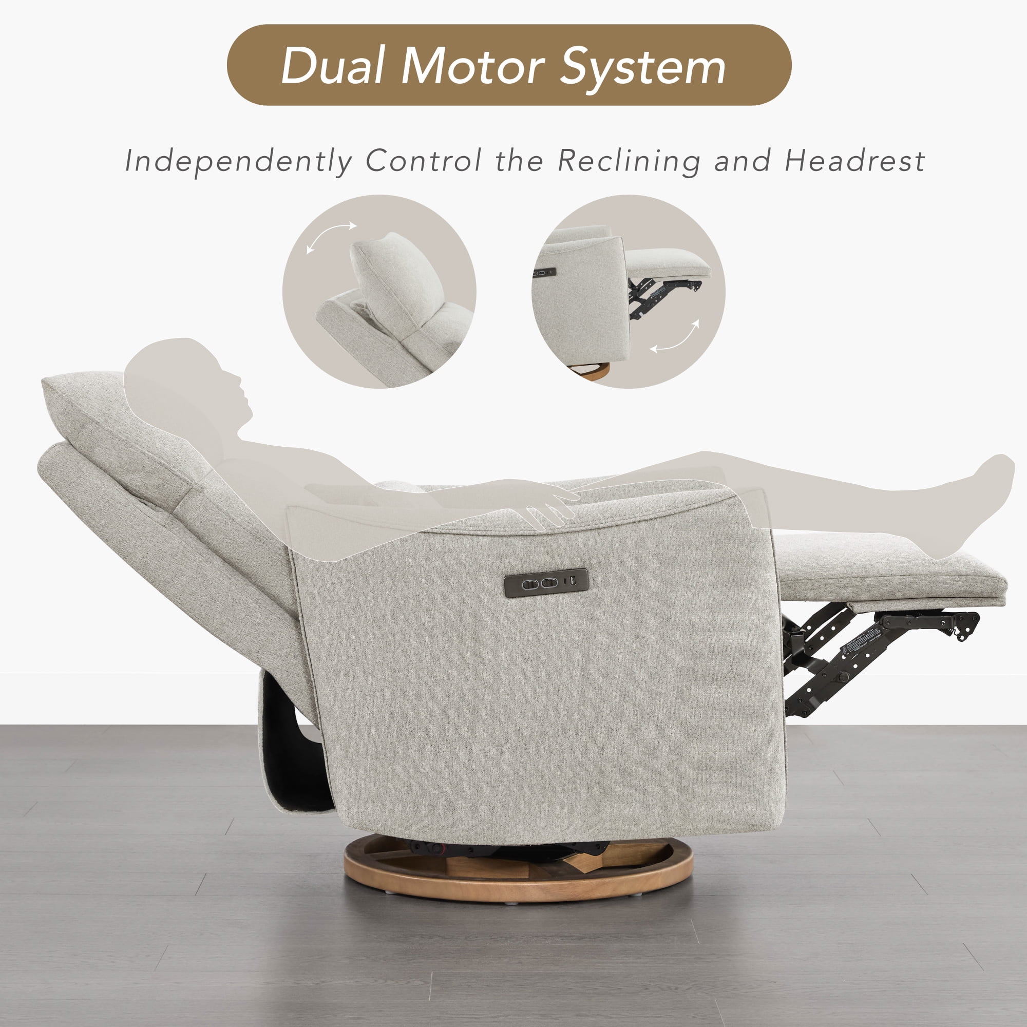 Spruce & Spring Dual-Motor Power Swivel Recliner with Lumbar Pillow for Nursery & Living Room, Dove Gray