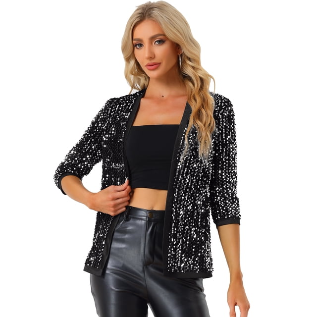 Chaqueta elegante Allegra K Disfraz de navidad con lentejuelas terciopelo manga 3/4 sin cuello Color Plata XS