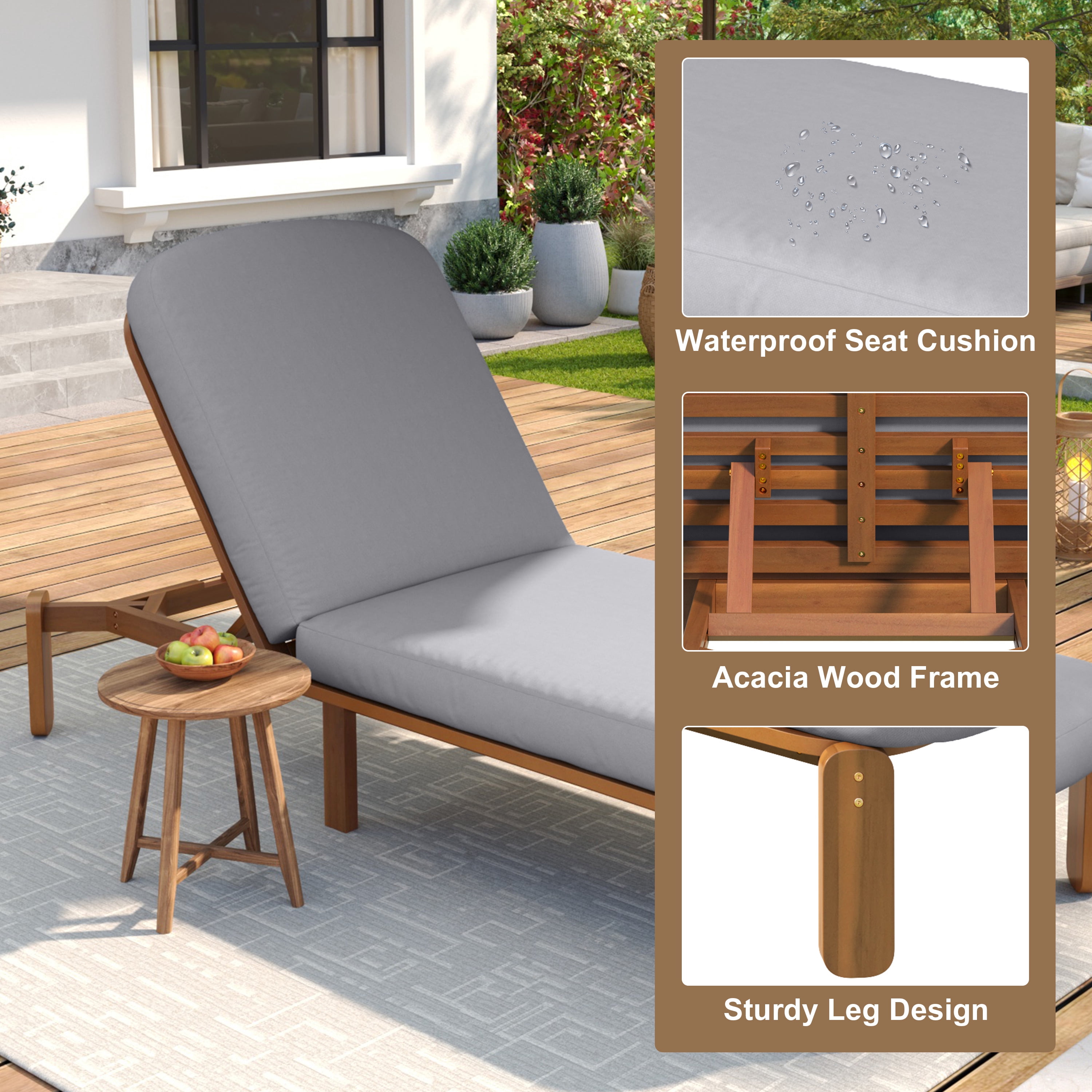 Adjustable Backrest Chaise Lounge, Outdoor Patio Recliner for Poolside, Grey