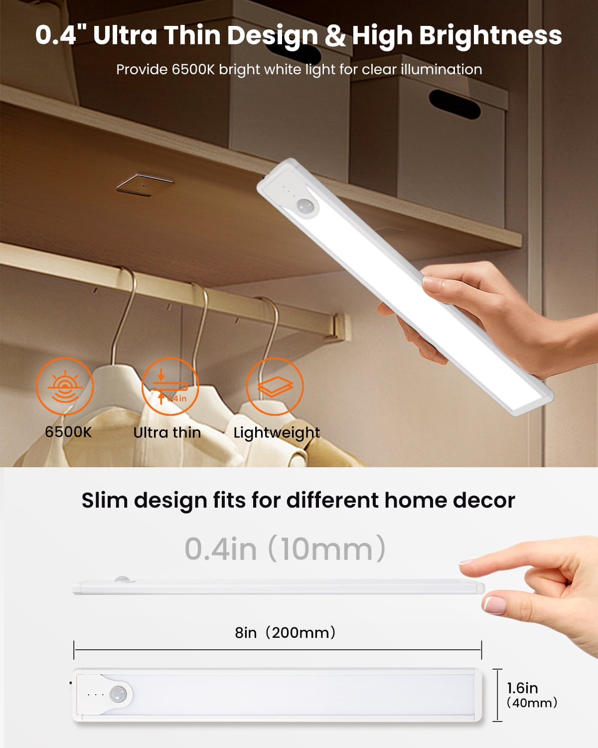SUNLINKCO 8 Inch Motion Sensor 41 LED Under Cabinet Lighting Dimmable USB Rechargeable Indoor Light Magnetic Wardrobe, 2pk Kitchen Closet Wireless Lights 6000K Daylights
