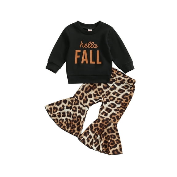 Wassery Baby Girls 2Pcs Fall Winter Clothes Long Sleeve Letters Print Sweatshirt Leopard Print Flare Pants 6M 12M 18T 2T 3T Toddler Pants Sets