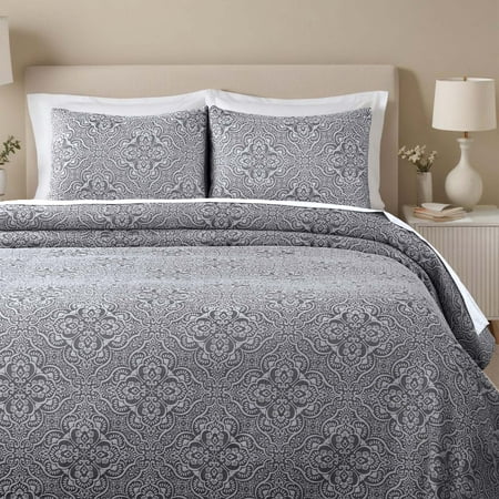 Superior Enzy Floral Matelasse Bedspread and Sham Set, 3-Piece Soft Textured Jacquard Bedspreads, King, Charcoal