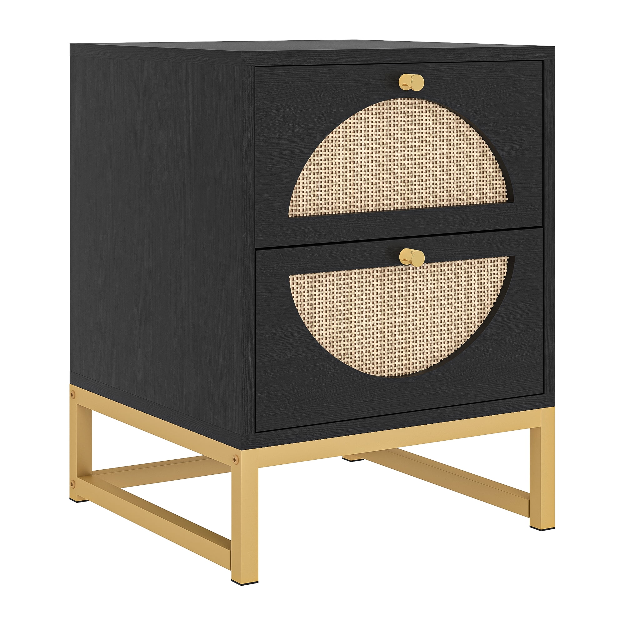 YYAo Single Nightstand, Bedside End Table with 2 Natural Rattan Drawer & Metal Legs, Side Table for Bedroom and Living Room, Black YYAo Single Nightstand, Bedside End Table with 2 Natural Rattan Drawer & Metal Legs, Side Table for Bedroom and Living Room, Black