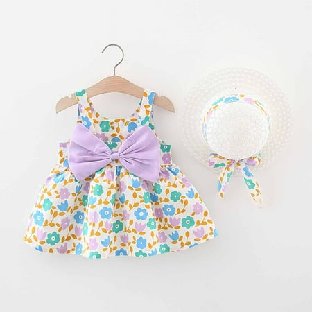 

QIPOPIQ Clearance Toddler Baby Girl Summer Bow Decoration Flower Print Suspender Dress With Hat