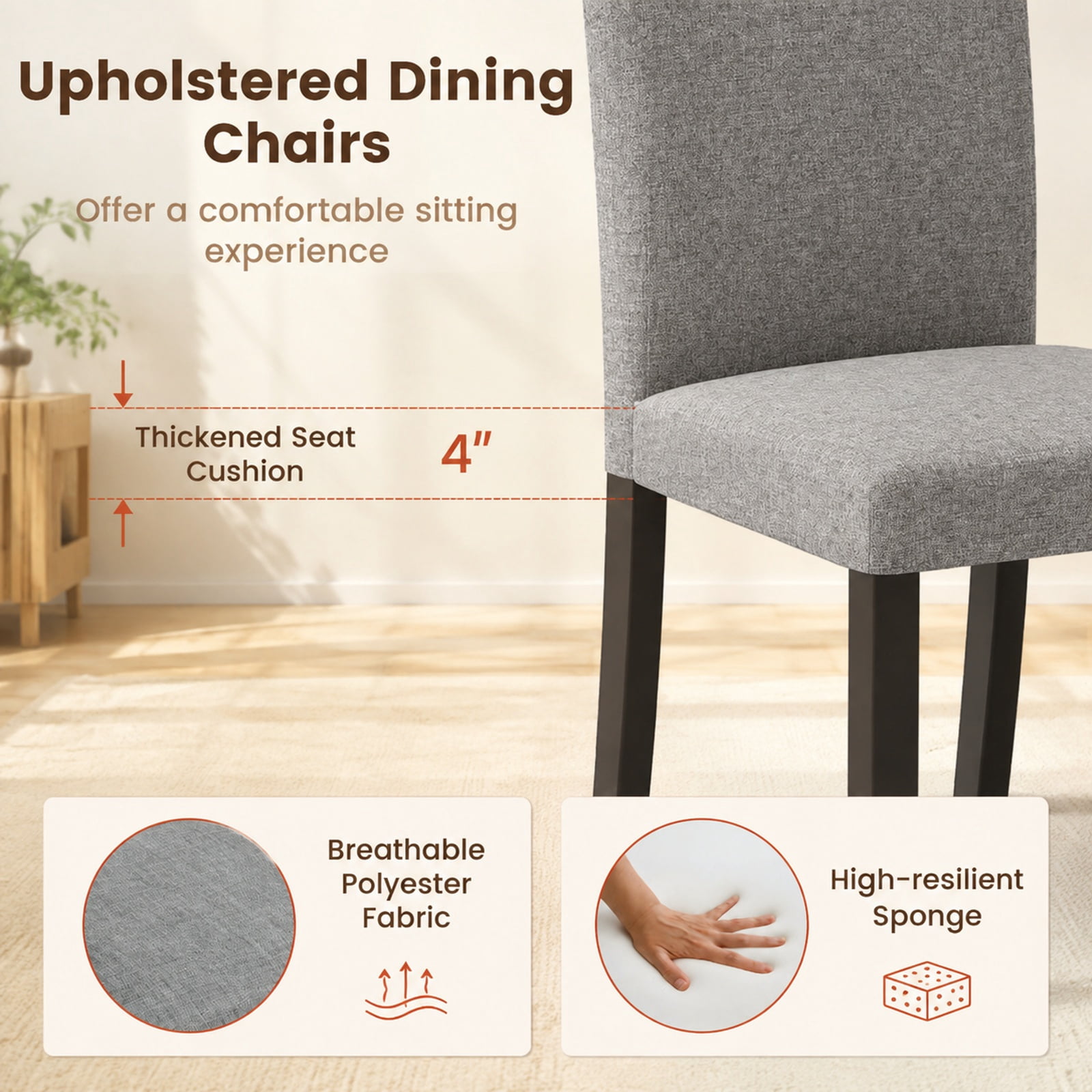 Furnibear Mid Century Modern Dining Chairs Set of 2 with Rubber Wood Legs and Padded Seats for Kitchen Dining Room, Gray