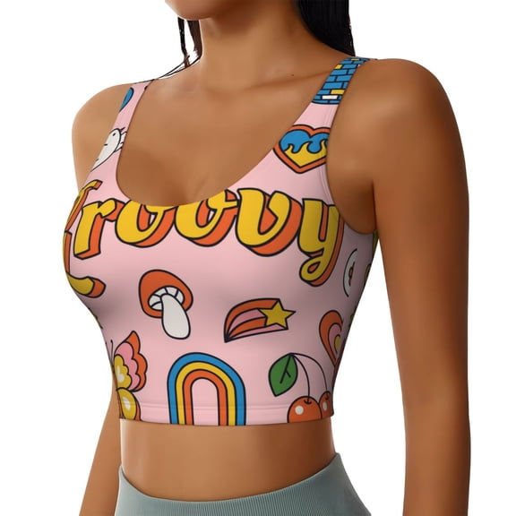 Picia Retro 70s Hippie Sports Bra for Women,Padded Strappy Sports Bras Medium Support Yoga Bra with Removable Cups,Running Yoga Bra-Small