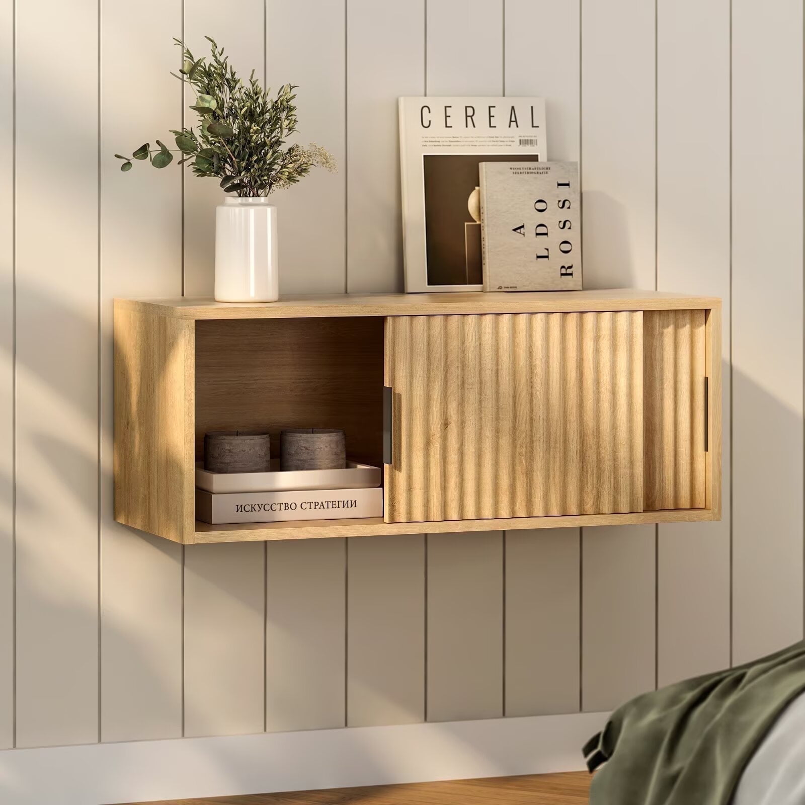 EYYTHUNG Fluted Nightstand Wall Mounted, Modern Large Floating TV Stand Bedside Cabinet, Natural Oak