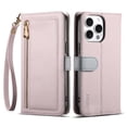thumbnail image 2 of ESEBLE Leather For iPhone 16 Pro Case With 3-Card Holder Zipper Bills Slot, Makeup Mirror，Soft PU Leather Detachable Lanyard Shoulder Strap And Wristlet Wallet Case,Purple,For iPhone 16 Pro, 2 of 9