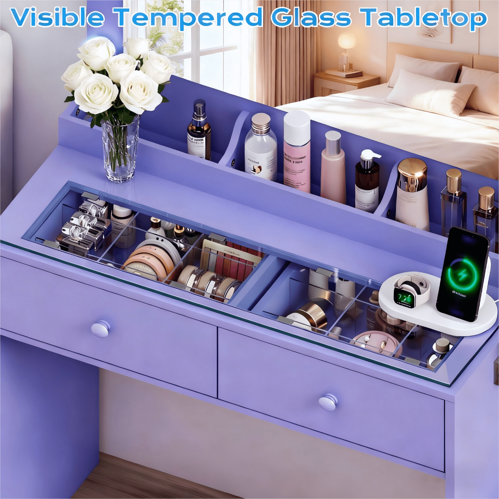 Zimtown Vanity with Mirror and Light, Makeup Desk  with Charging Station and Storage, Dressing Table with Hair Dryer Rack for Bedroom, Sophia Purple