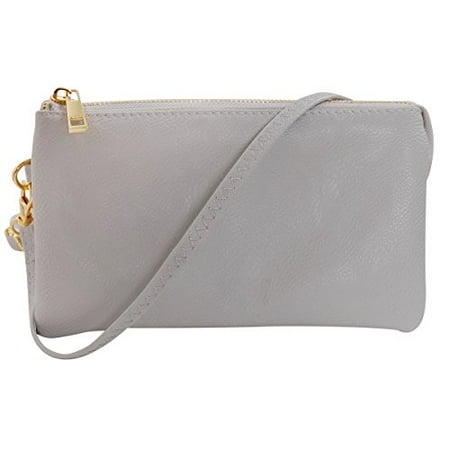 Vegan Leather Small Crossbody Bag or Wristlet Clutch Purse, Includes Adjustable Shoulder and Wrist Straps, Dove Grey, Light Gray, by Humble Chic