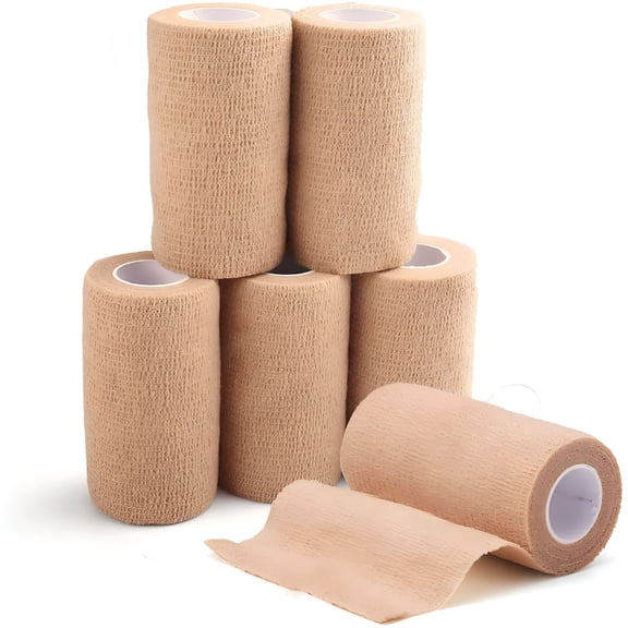 QARUN Self Adhesive Bandage Wrap,6 Pack,4 in x 5 Yards,Non Woven Elbow Cohesive Bandage,First Aid Medical Tape for Ankle,Knee & Wrist Sprains,Tan Color