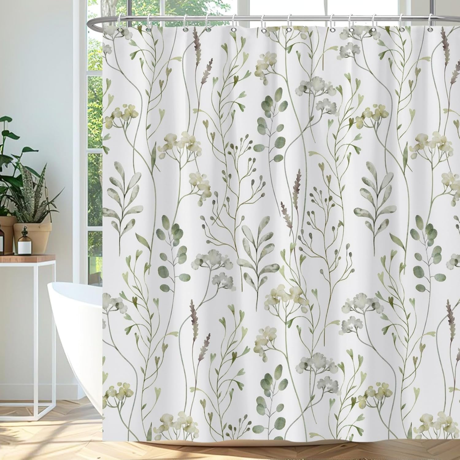 60x72 Inches Sage Green Leaves Shower Curtain Watercolor Leaf Floral Plant Bath Curtain Botanical Fabric Shower Curtain for Bathroom Decor Set Polyester Waterproof with Hooks