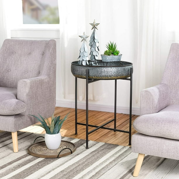 Farmhouse Metal End Table Folding Galvanized Side Table Waterproof