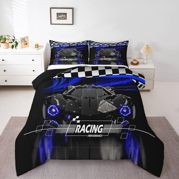 Erosebridal Fast Car Bedding Twin Comforter Set,Black Blue Down Comforter,Car Theme Bedding Sets Twin with Comforter,Microfiber Geometric Room Decorative,Reversible,3pcs