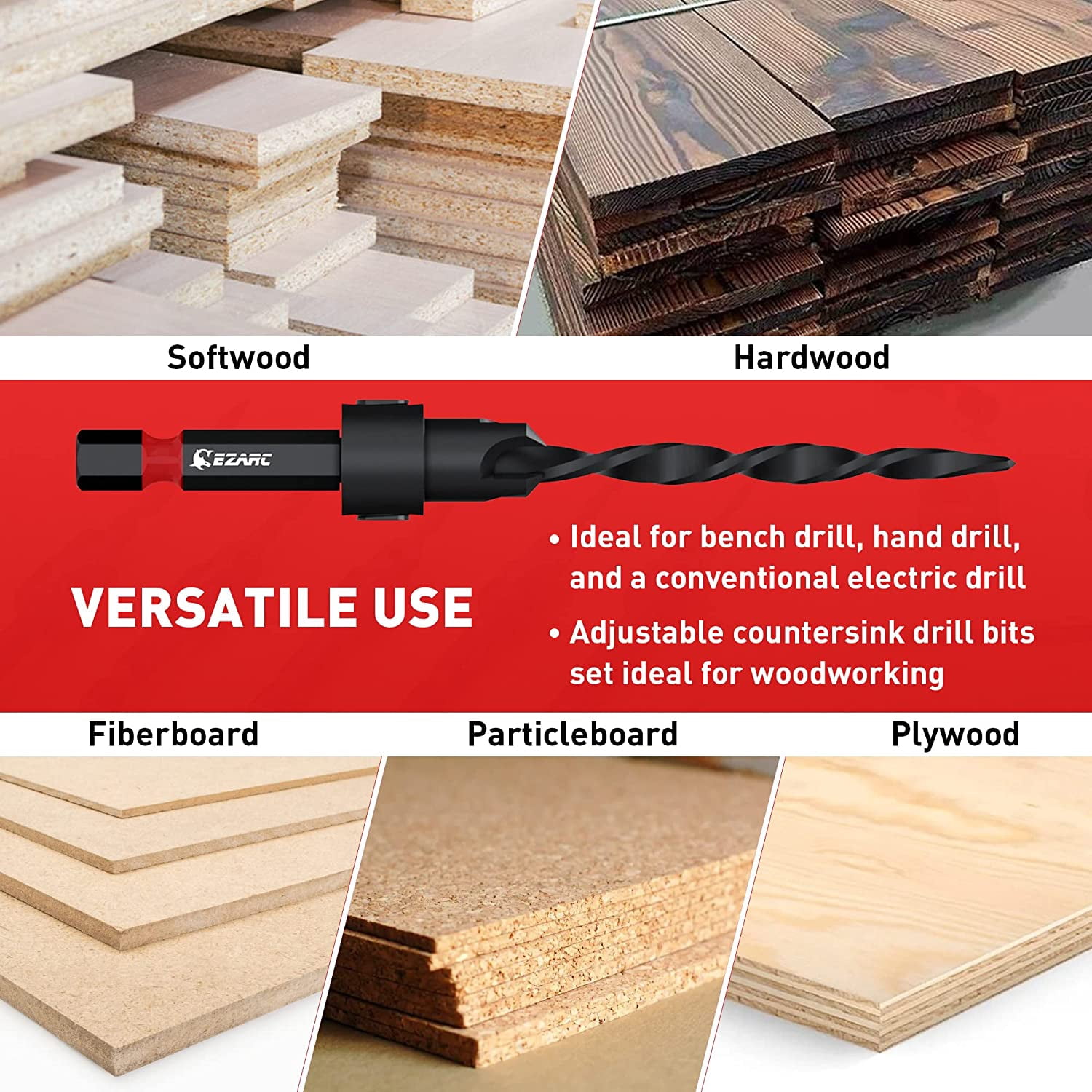 EZARC Wood Countersink Drill Bit Set, 4, 6, 8, 10, 12 Tapered Drill Bits, with 1/4" Hex Shank, Counter Sinker Set for Woodworking and Carpentry