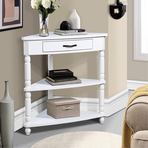 Compact Corner Table In Milk White, 33.8'', With Strong Solid Wood Legs White End Table, & Spacious Shelves