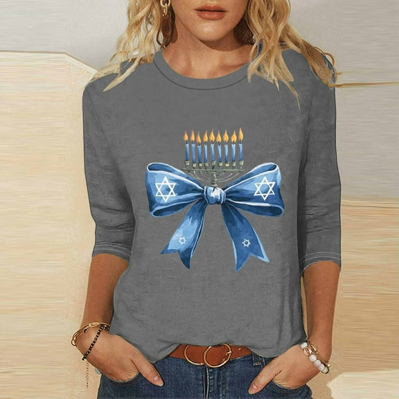 Craaazy Hanukkah Shirts for Women Athletic Casual Menorah Printed Round Neck 3/4 Sleeve T-shirts Gifts