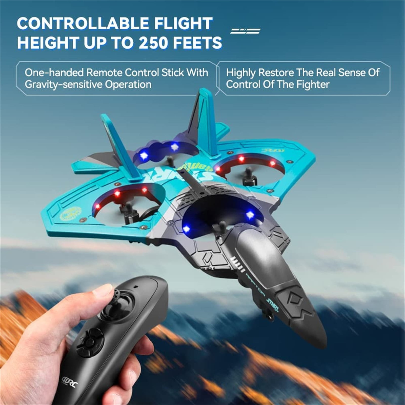 RC Plane Fighter Jet Glider RC Aircraft Foam Drone Toy Blue - 1 Battery 1 Remote 1 Charging Cable 4 Spare Propellers Included Four-Rotor Stunt Design Foam Build LED Lights Easy to Operate - For Kids