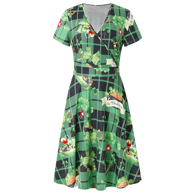 Pompotops Robe d'Été à Manches Courtes Col en V Vintage Cadeau de Noël à Carreaux pour Femmes
