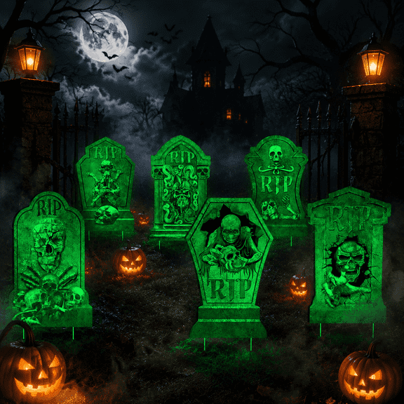 6 Pack Glow-in-the-Dark Halloween Tombstones, Outdoor Yard Lawn Graveyard Decor