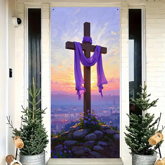 NWOKYZGH Oeufs de Pâques Lapin Croix Housse de Porte Décoration Bienvenue Printemps Toile de Fond Photographie Bannière Enseigne 71 x 35 Pouces Tissu Polyester Lavable Ruban Blanc Occasion de Pâques