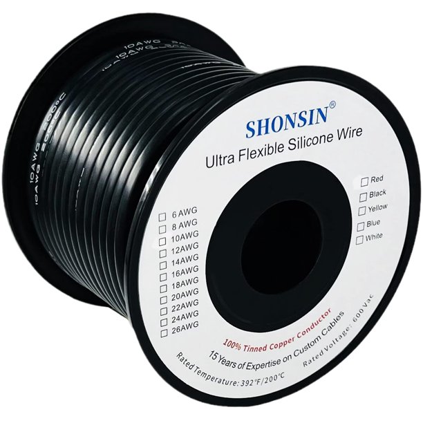 Shonsin Carrete de alambre de silicona calibre 10, 50 pies, negro, extremadamente flexible, cable automotriz de 10 AWG, 1050 * 0,08 mm, cobre trenzado estañado (5,3 mm2), alta temperatura, 392?/200? C