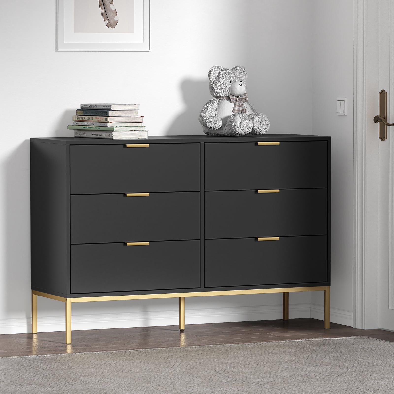 Eumyviv Modern Chest of Drawers with Gold Handles Mid Century Modern 6-Drawer Storage Dresser for Bedroom Living Room, Black H0123