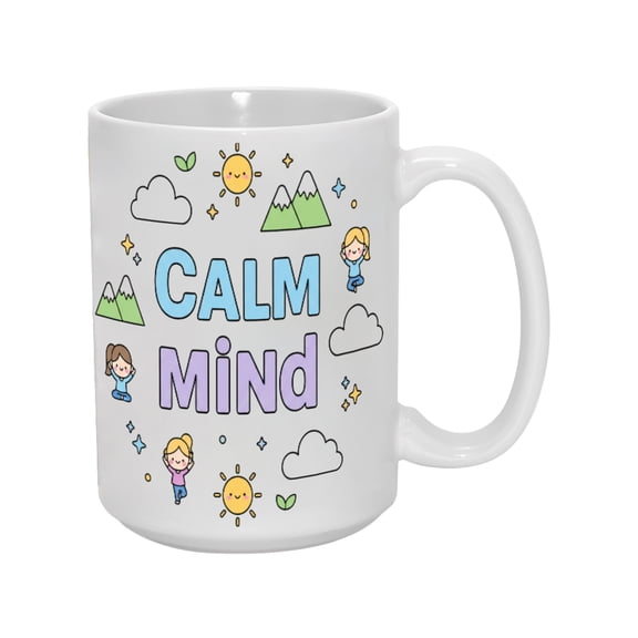 15oz "Calm Mind" Ceramic Mug – Inspirational Quote Coffee Cup with Cute Cartoon Design