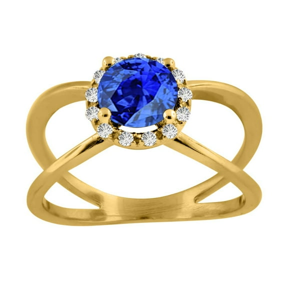 AoneJewelry 0.85 Carat 6MM Round Created Tanzanite and Diamond Ring In 10K Solid Rose, White & Yellow Gold