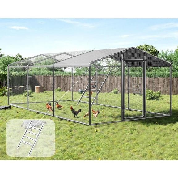 Jocisland 9×19FT Large Chicken Coop with Perch and Hinged Door, Spire Roof Walk-in Chicken Run with Metal Frame and PE Cover for Backyard Poultry, Ducks, Rabbits