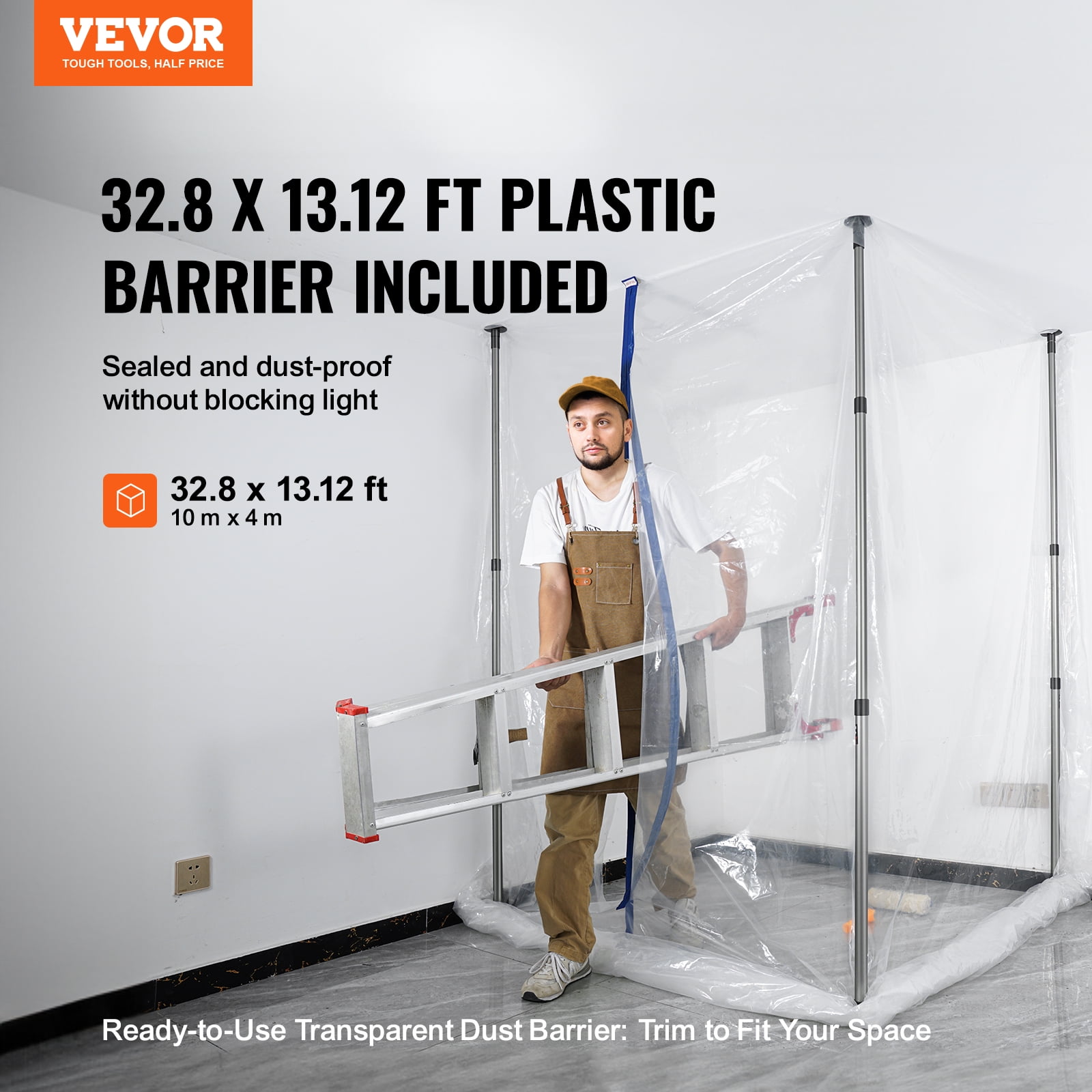 SKYSHALO 12 ft Dust Barrier with Telescoping Poles and Magnetic Zipper Plastic Film, 15.9 lbs