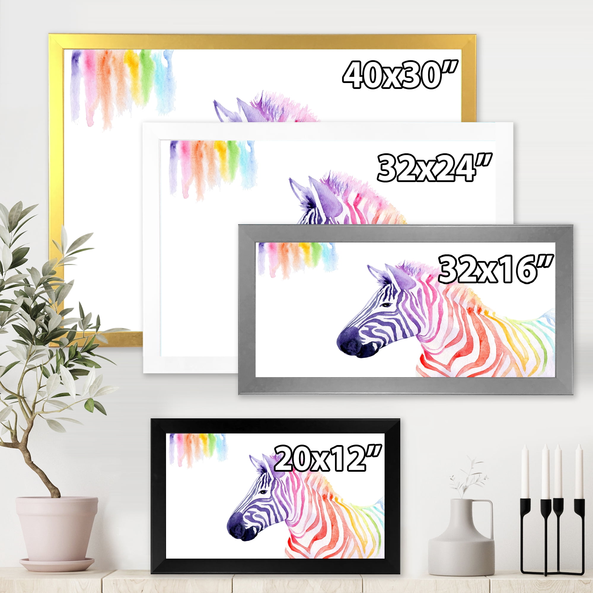 Designart 'Portrait of Rainbow Zebra On White' Farmhouse Framed Art Print