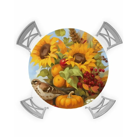 

Round Tablecloth with Elastic Orange Watercolor Sunflower Pumpkin Oil Painting Waterproof Stain-proof Table Cover Wipeable Fitted Table Cloths for 36 -44 Round Tables Dining Kitchen