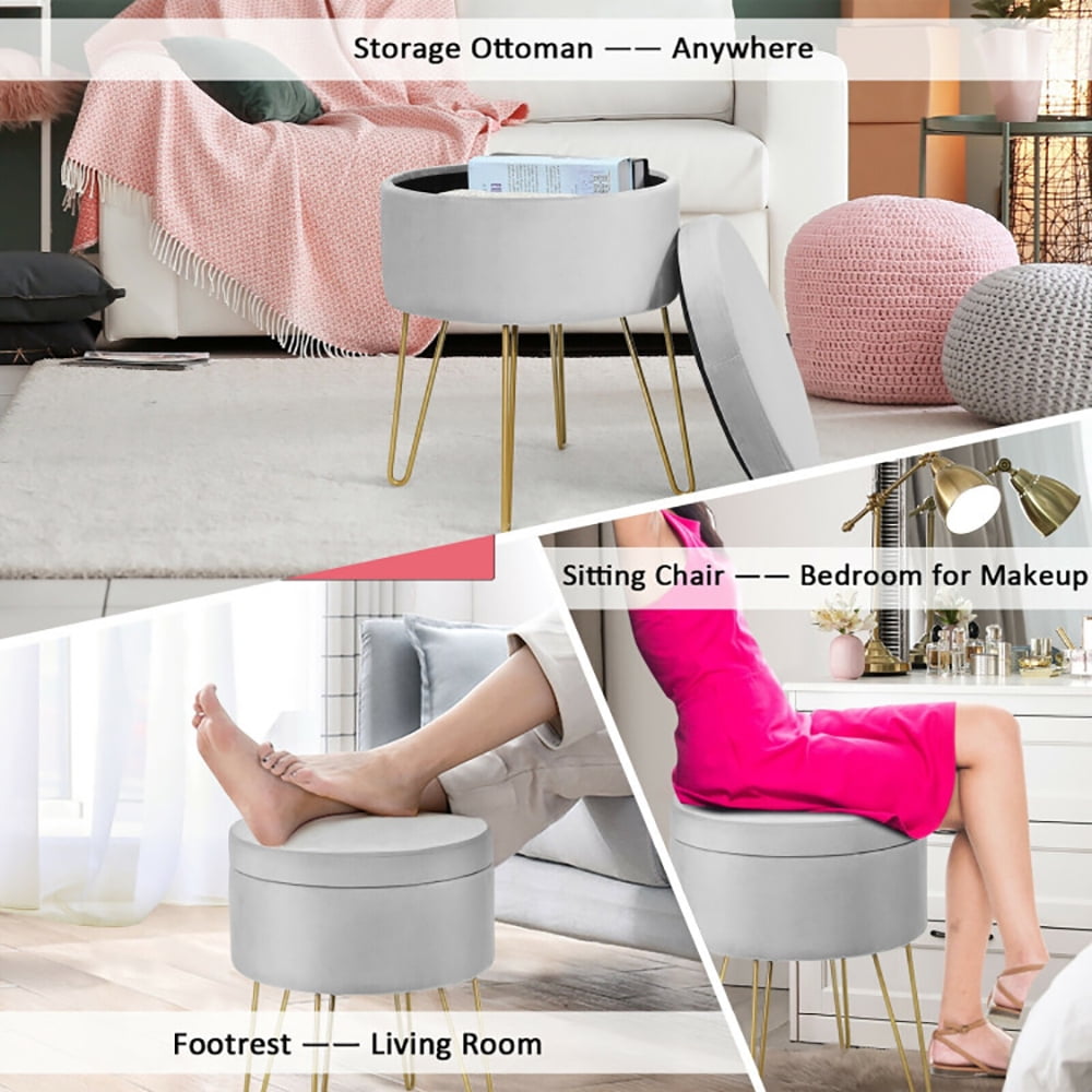 Finihen Round Velvet Storage Ottoman, Footrest Stool, Vanity Chair with Metal Legs, for Living Room, Bedroom, Gray Finihen Round Velvet Storage Ottoman, Footrest Stool, Vanity Chair with Metal Legs, for Living Room, Bedroom, Gray