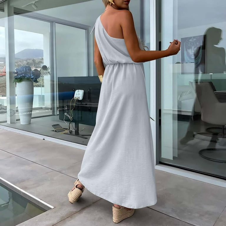 Xaqiouau Women's Solid One Shoulder Maxi Dress Casual Loose Fit Split Thigh Sleeveless Flowy Long Dress for Summer Beach Vacation