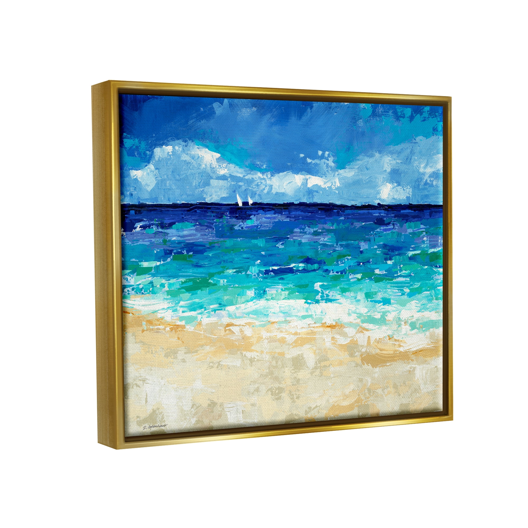 Stupell Industries Modern Beach Scene Abstract Shore Coastal Painting Gold Floater Framed Art Print Wall Art