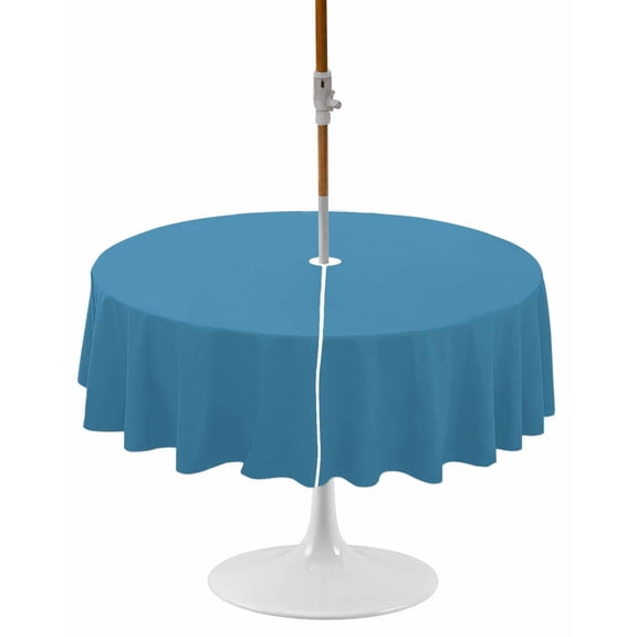Blue Round Outdoor Tablecloth, Waterproof Table Cloth Cover with Umbrella Hole and Zipper, Modern Pure Wave Ride Table Protector for Patio Party Picnic 54" Round
