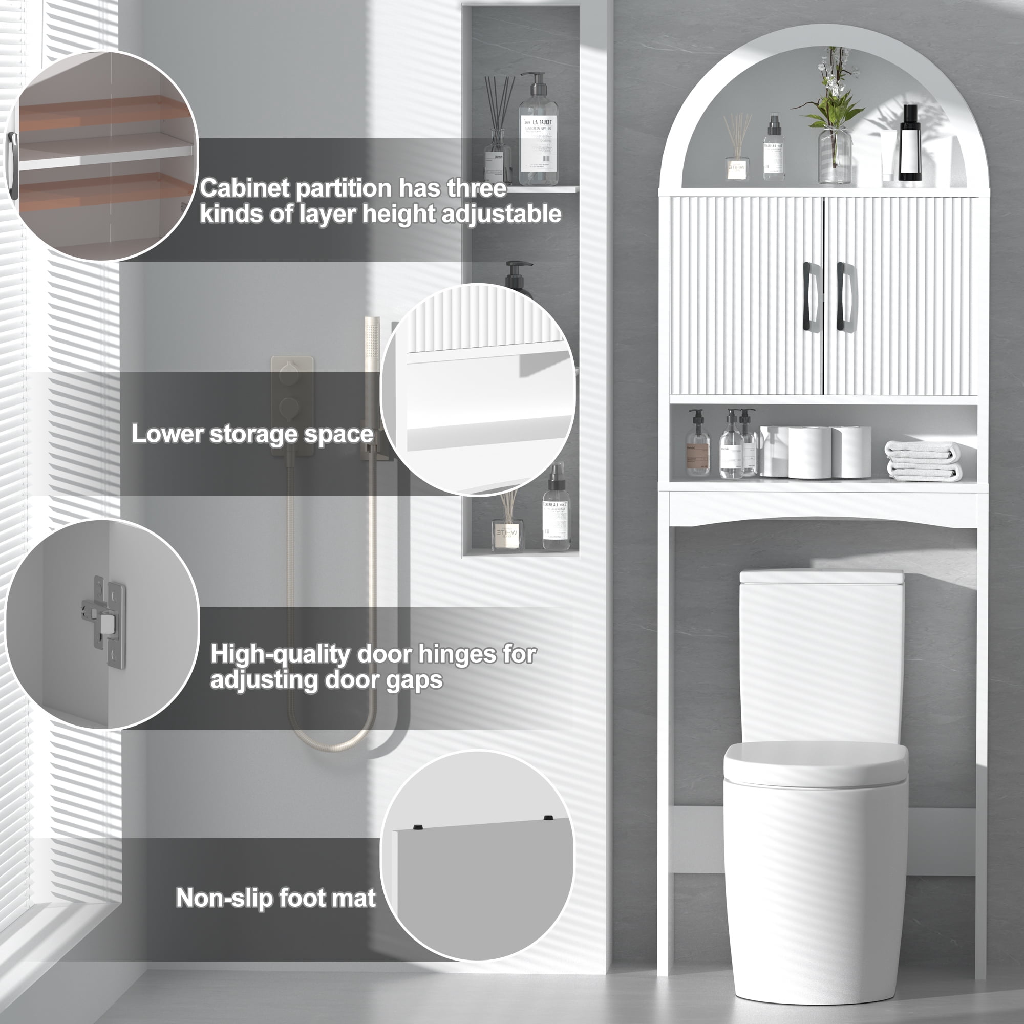 HARIPUL Over Toilet Storage Cabinet, Bathroom Space Saver Organizer with Doors and Shelves, Freestanding, Gray