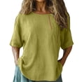 thumbnail image 2 of Women's Cotton Linen Blouse, Round Neck Embroidered Short Sleeve Top, Loose Fit Casual Tunic for Summer, Boho Chic Shirt and Everyday Wear-Light Green, 2 of 5