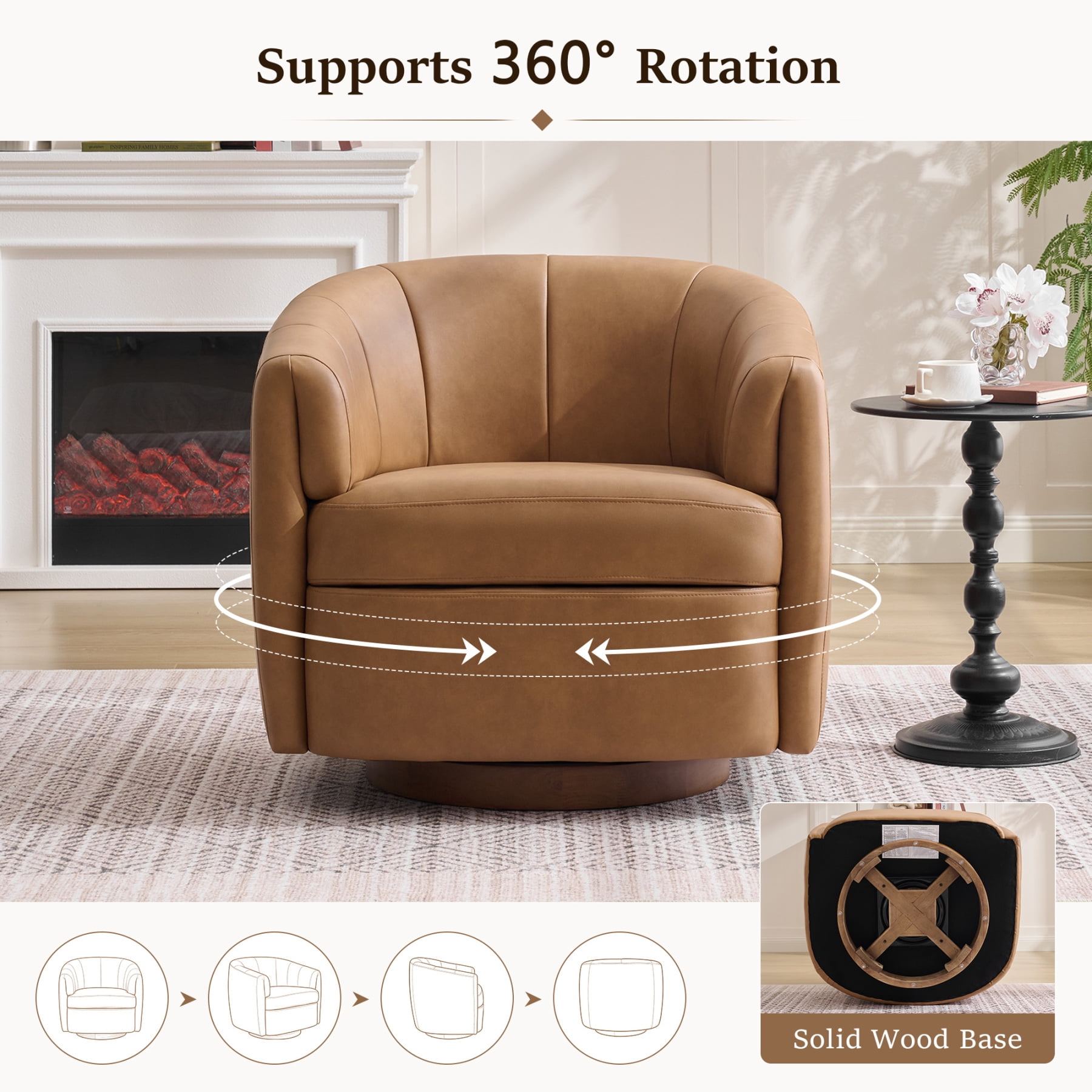 Leumius PU Leather Swivel Accent Chair, Upholstered Armchair with Solid Wood Base,Comfy Reading Chair With Curved Thickened Backrest,Camel PU