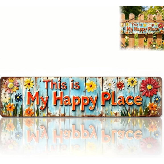 This Is My Happy Place Metal Sign, Vintage Floral Tin Wall Decor for Garden Patio Yard Fence, Rustic Farmhouse Home Accent (16x4in)