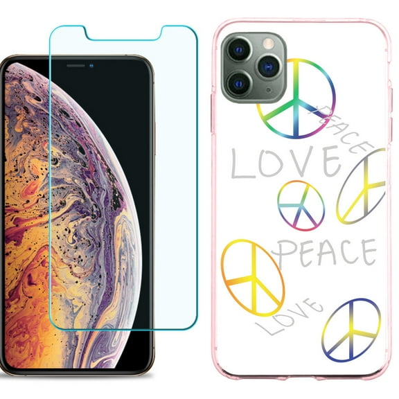 For Apple iPhone 11 Pro Max Case , Slim-Fit TPU Protective Phone Case (Pink Bezel) with Tempered Glass Screen Protector, by OneToughShield ® - Love/Peace