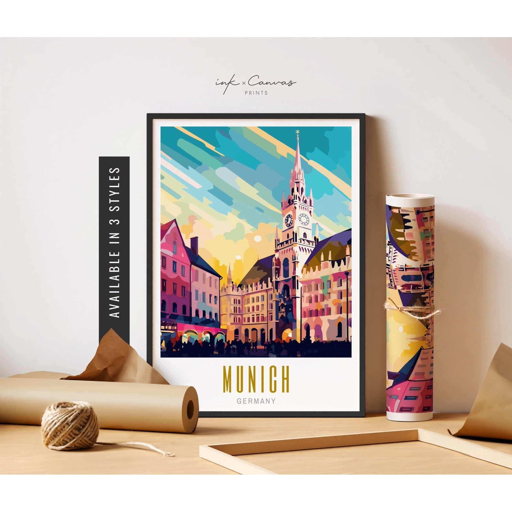 Munich Travel Marienplatz Retro European Cities Unposter Travel Art Travel Wall Art Poster , Poster Print Only