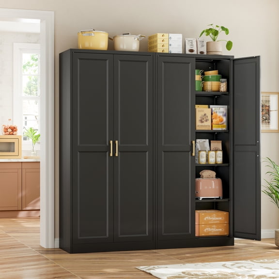 SteeLoong Metal Kitchen Pantry Cabinet,71"H Modern Storage Cabinet with 2 Doors and Adjustable Shelves,Pantry Cupboard with 2 Gold Handles